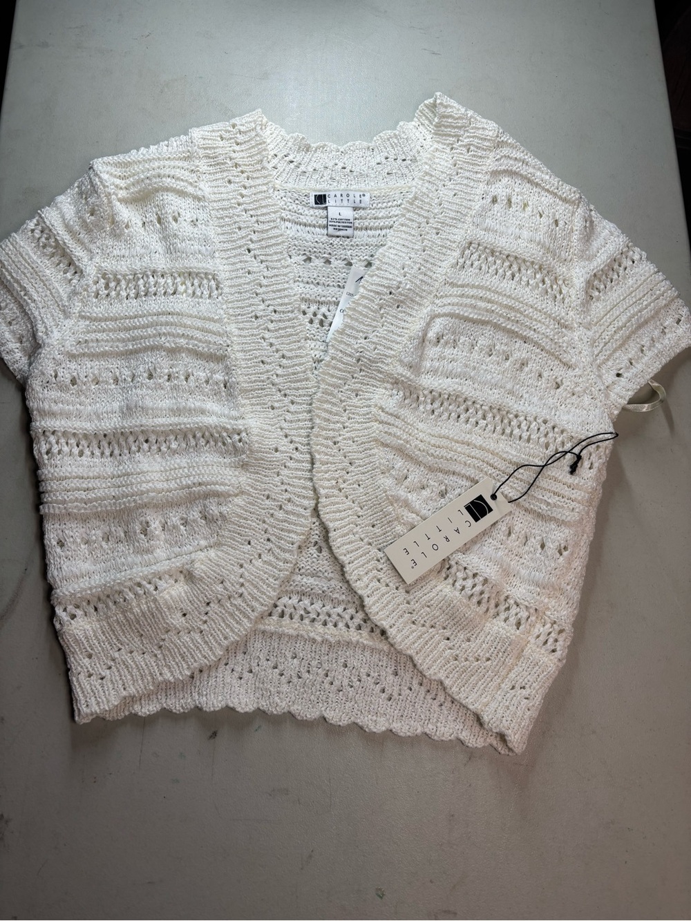 Carole Little Cream Openwork Short-Sleeve Knit Cardigan